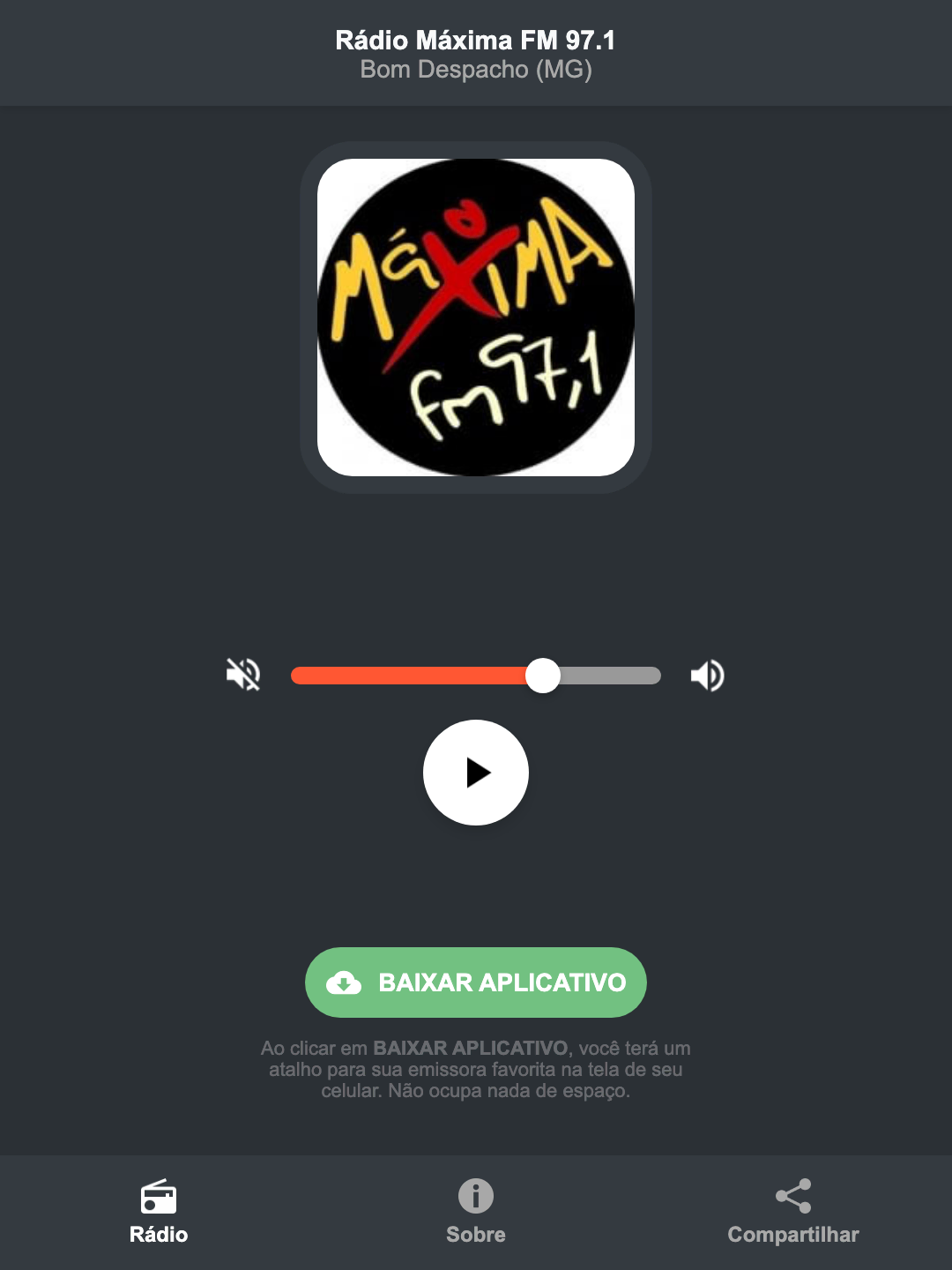 Screenshot do aplicativo da Rádio Máxima FM 97.1