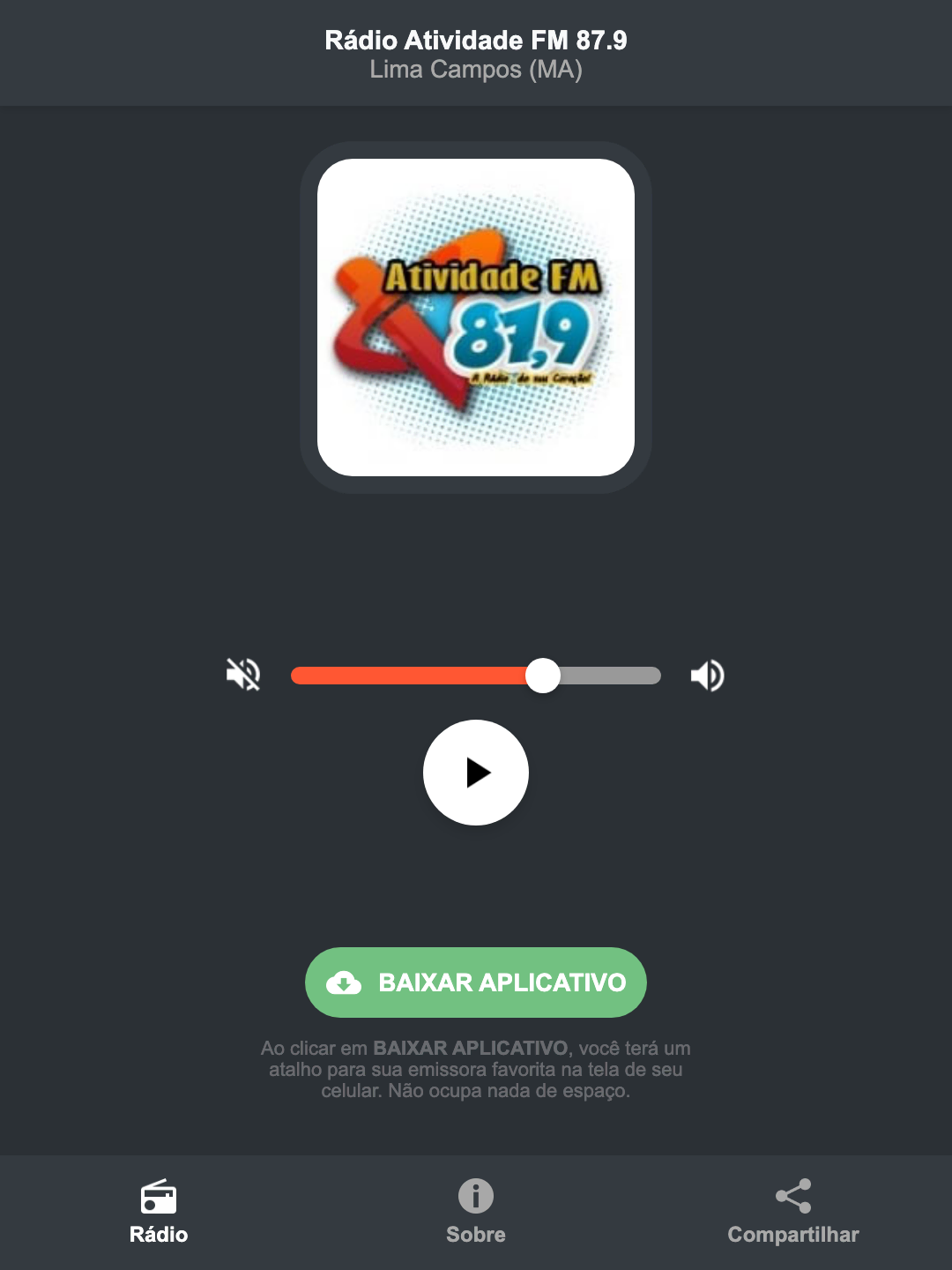 Screenshot do aplicativo da Rádio Atividade FM 87.9