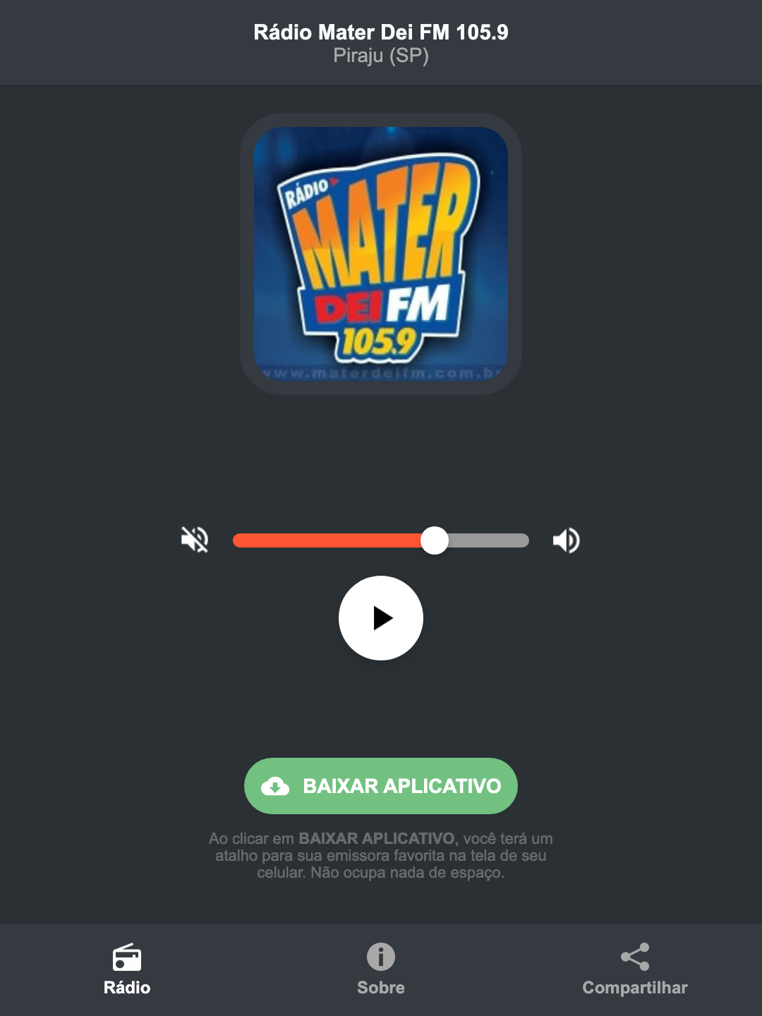 Screenshot do aplicativo da Rádio Mater Dei FM 105.9