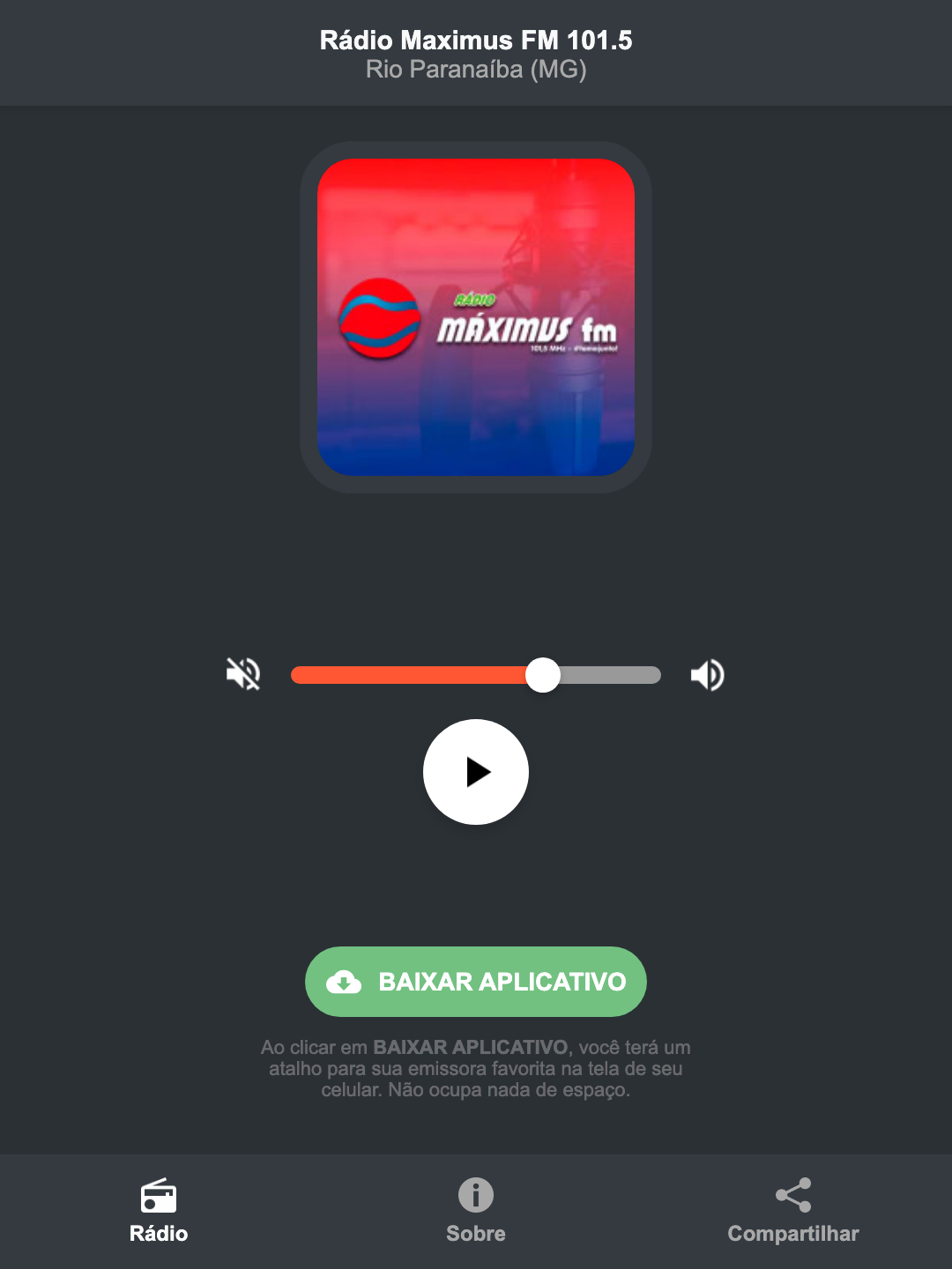 Screenshot do aplicativo da Rádio Maximus FM 101.5