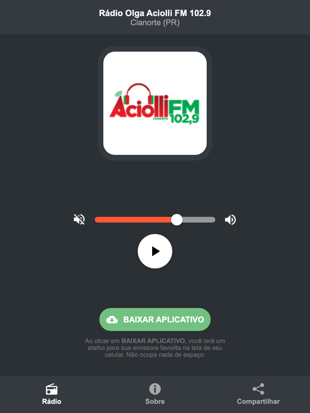 Screenshot do aplicativo da Rádio Olga Aciolli FM 102.9