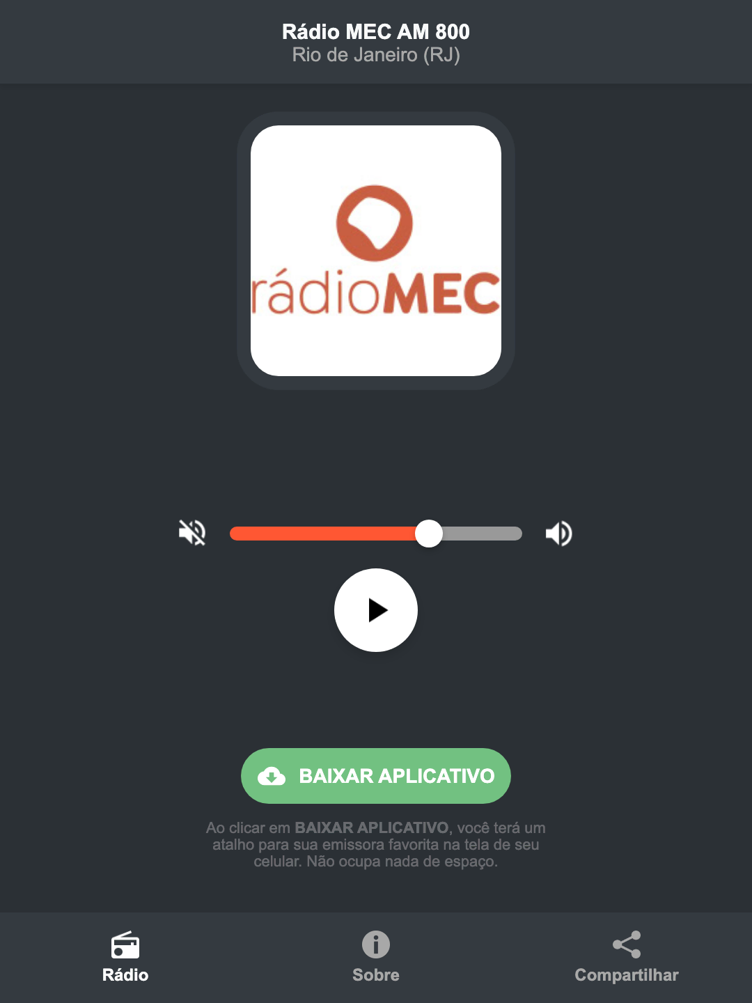 Screenshot do aplicativo da Rádio MEC AM 800