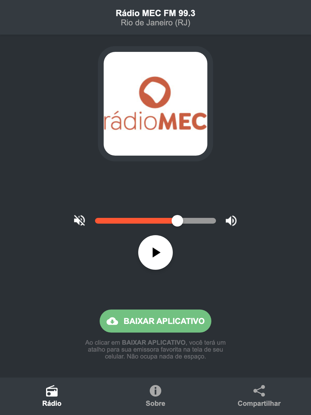 Screenshot do aplicativo da Rádio MEC FM 99.3