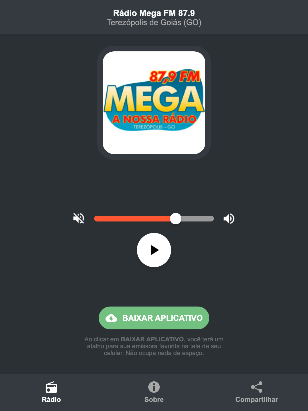 Screenshot do aplicativo da Rádio Mega FM 87.9