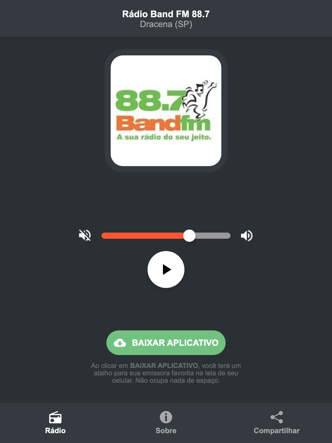Screenshot do aplicativo da Rádio Band FM 88.7