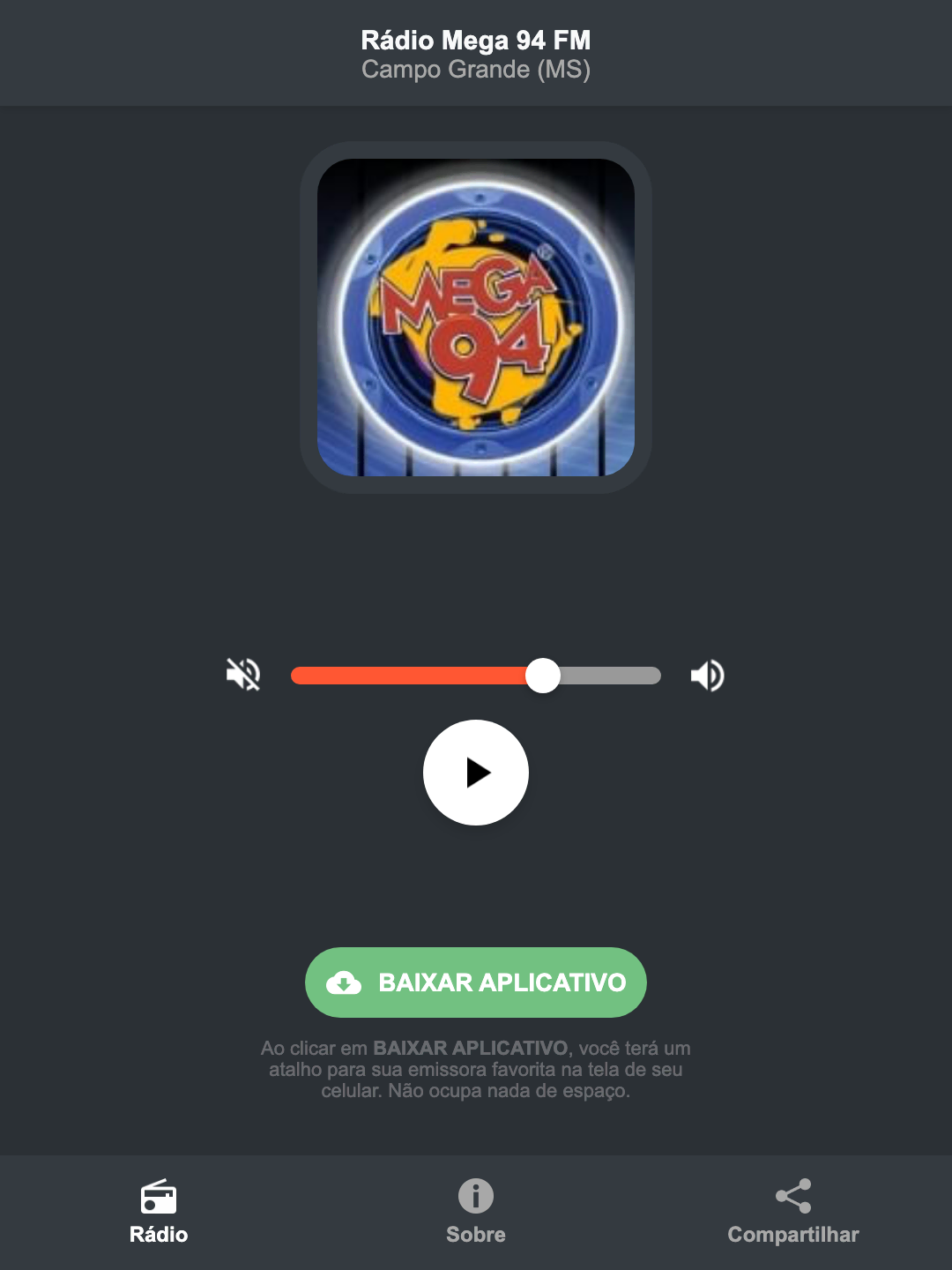 Screenshot do aplicativo da Rádio Mega 94 FM