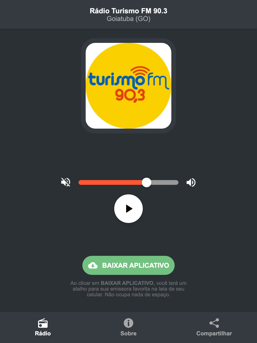 Screenshot do aplicativo da Rádio Turismo FM 90.3