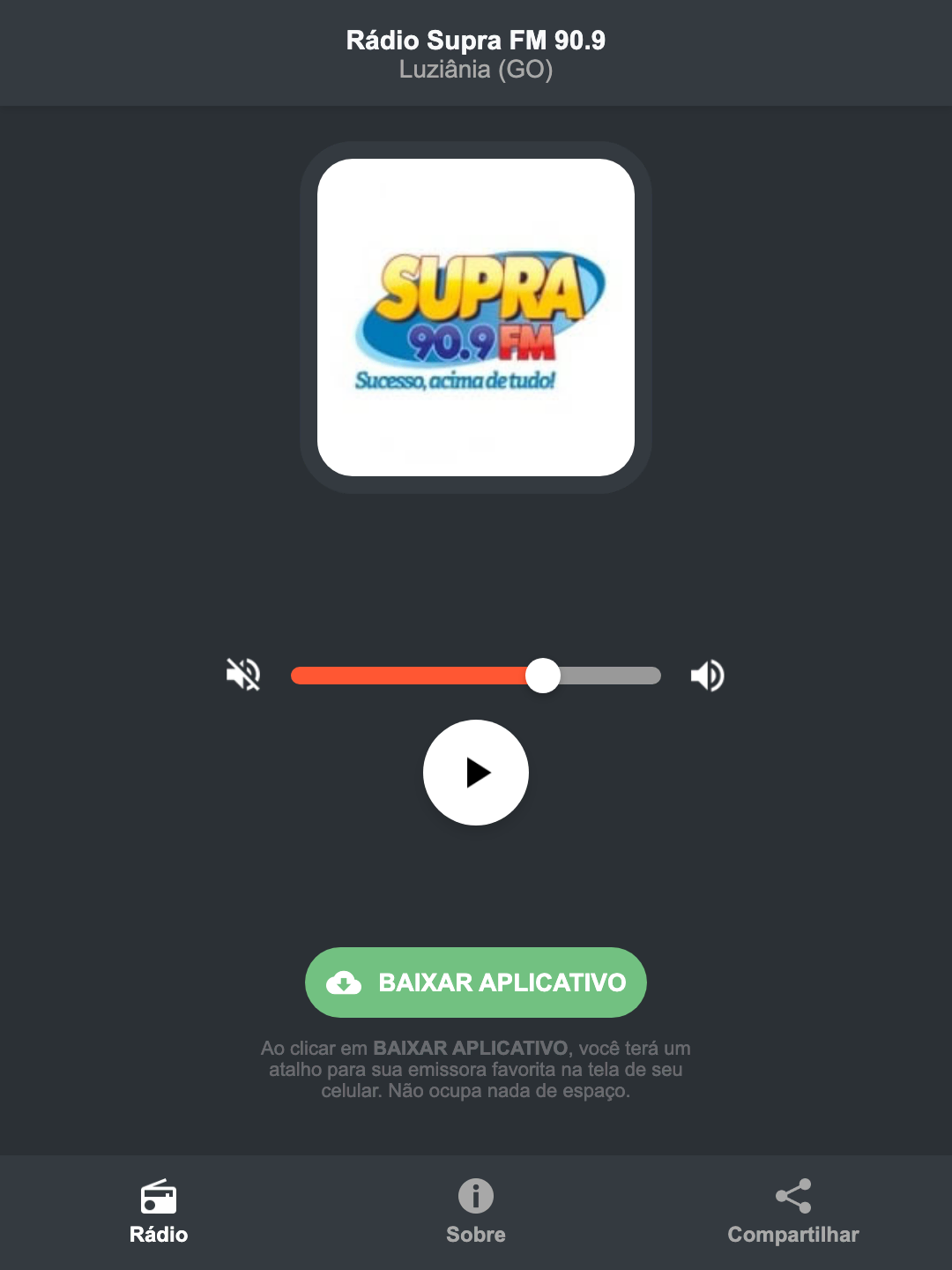 Screenshot do aplicativo da Rádio Supra FM 90.9