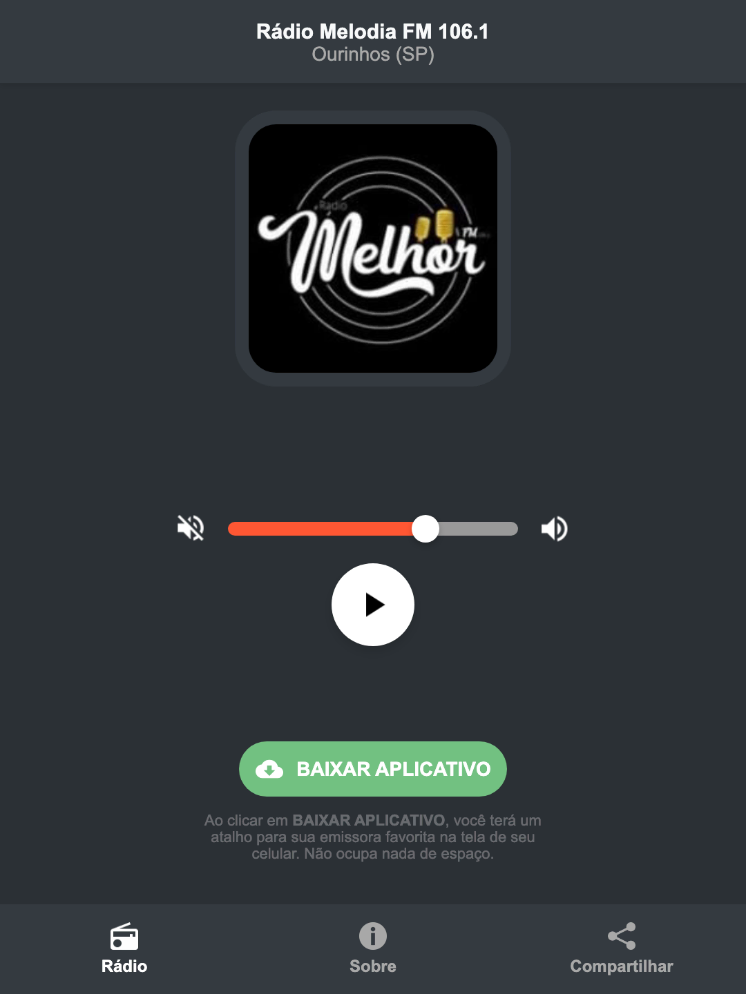 Screenshot do aplicativo da Rádio Melodia FM 106.1