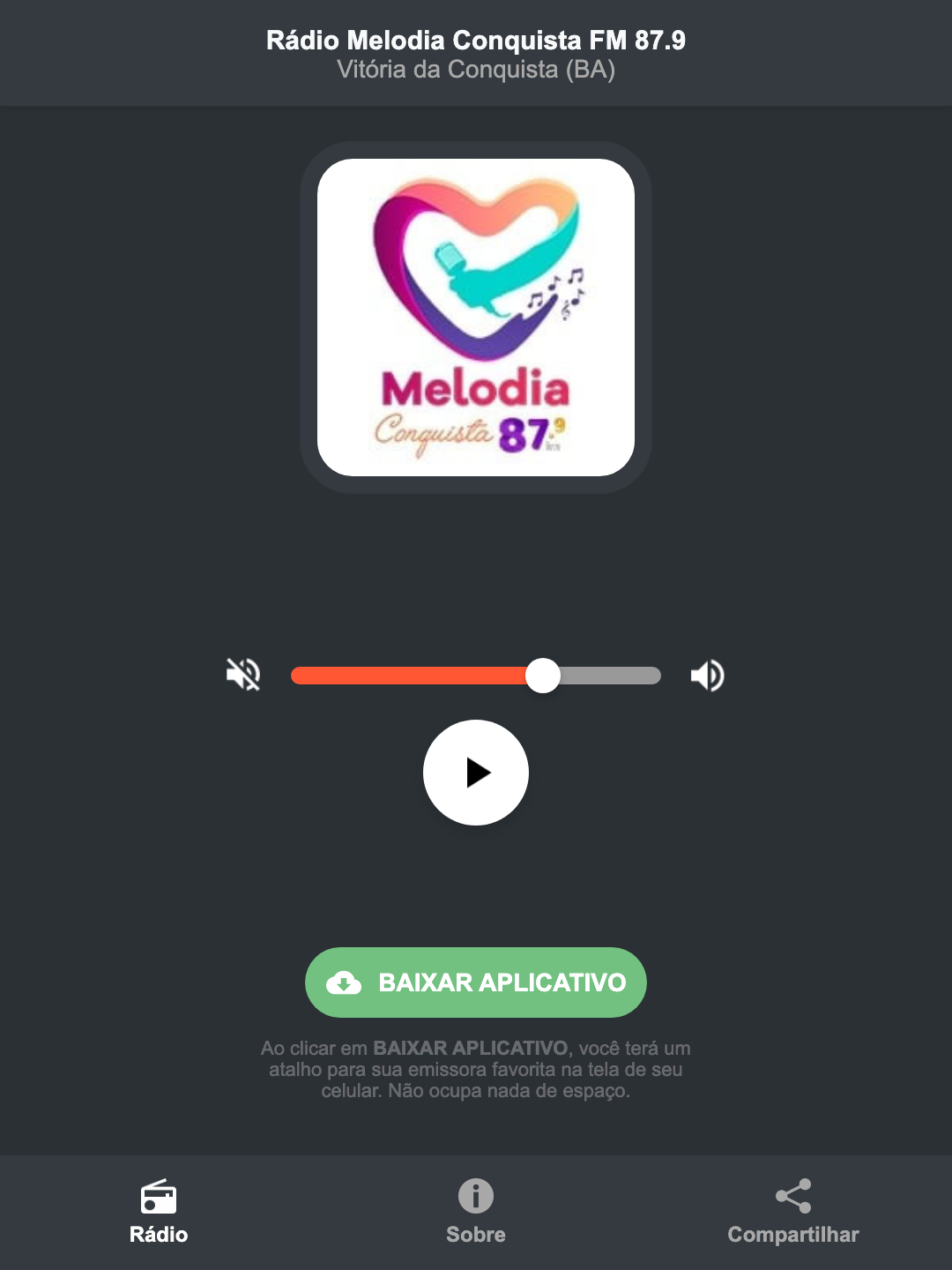 Screenshot do aplicativo da Rádio Melodia Conquista FM 87.9