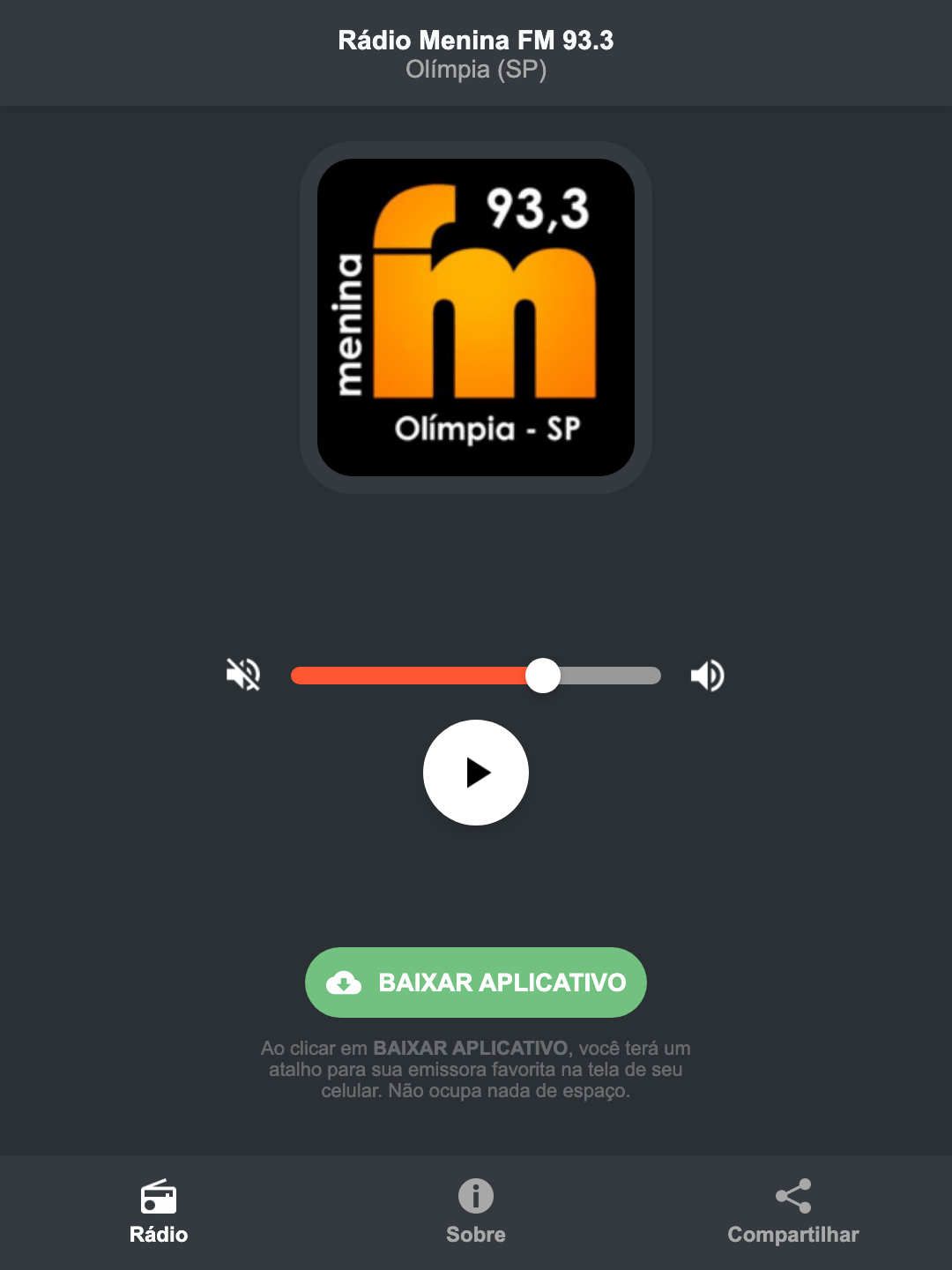Screenshot do aplicativo da Rádio Menina FM 93.3