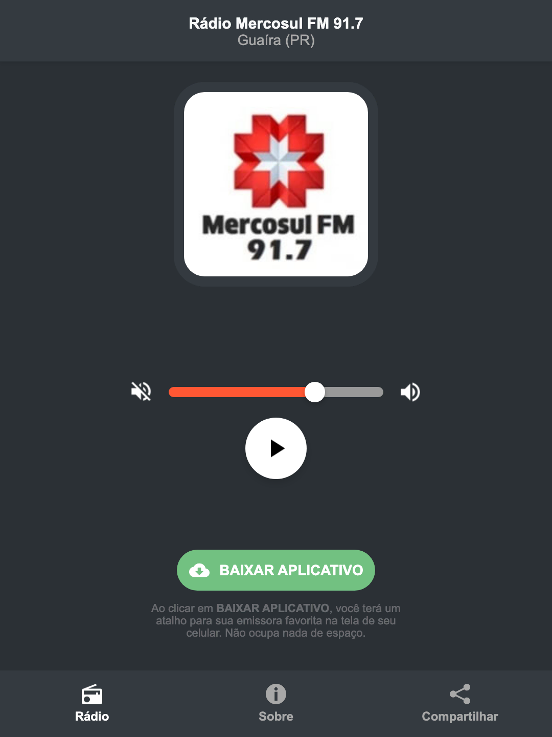 Screenshot do aplicativo da Rádio Mercosul FM 91.7