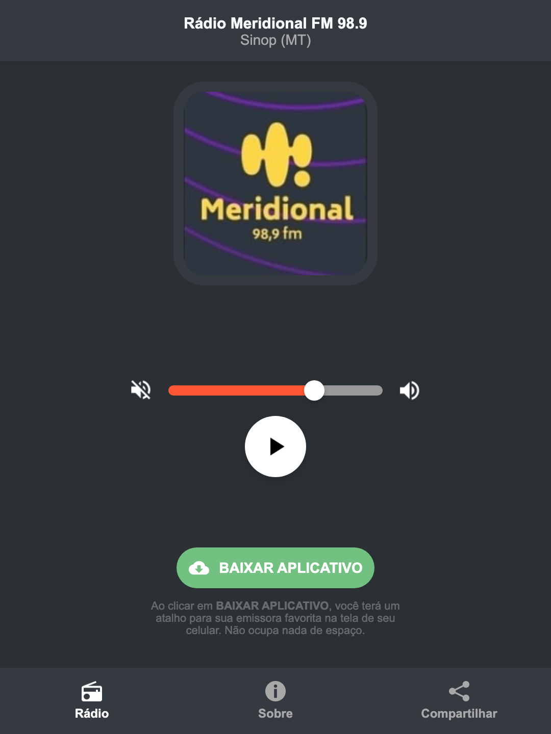 Screenshot do aplicativo da Rádio Meridional FM 98.9
