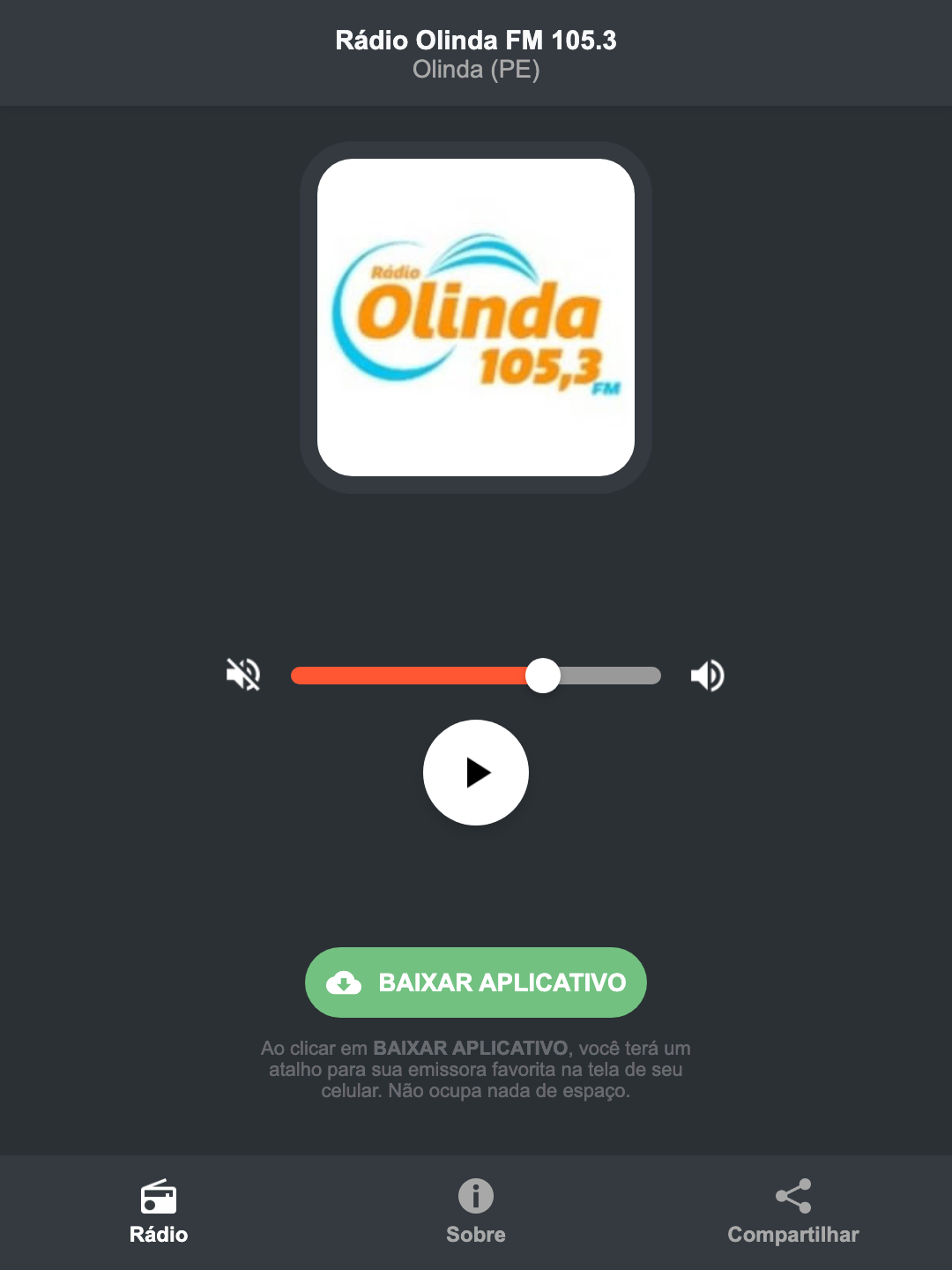 Screenshot do aplicativo da Rádio Olinda FM 105.3