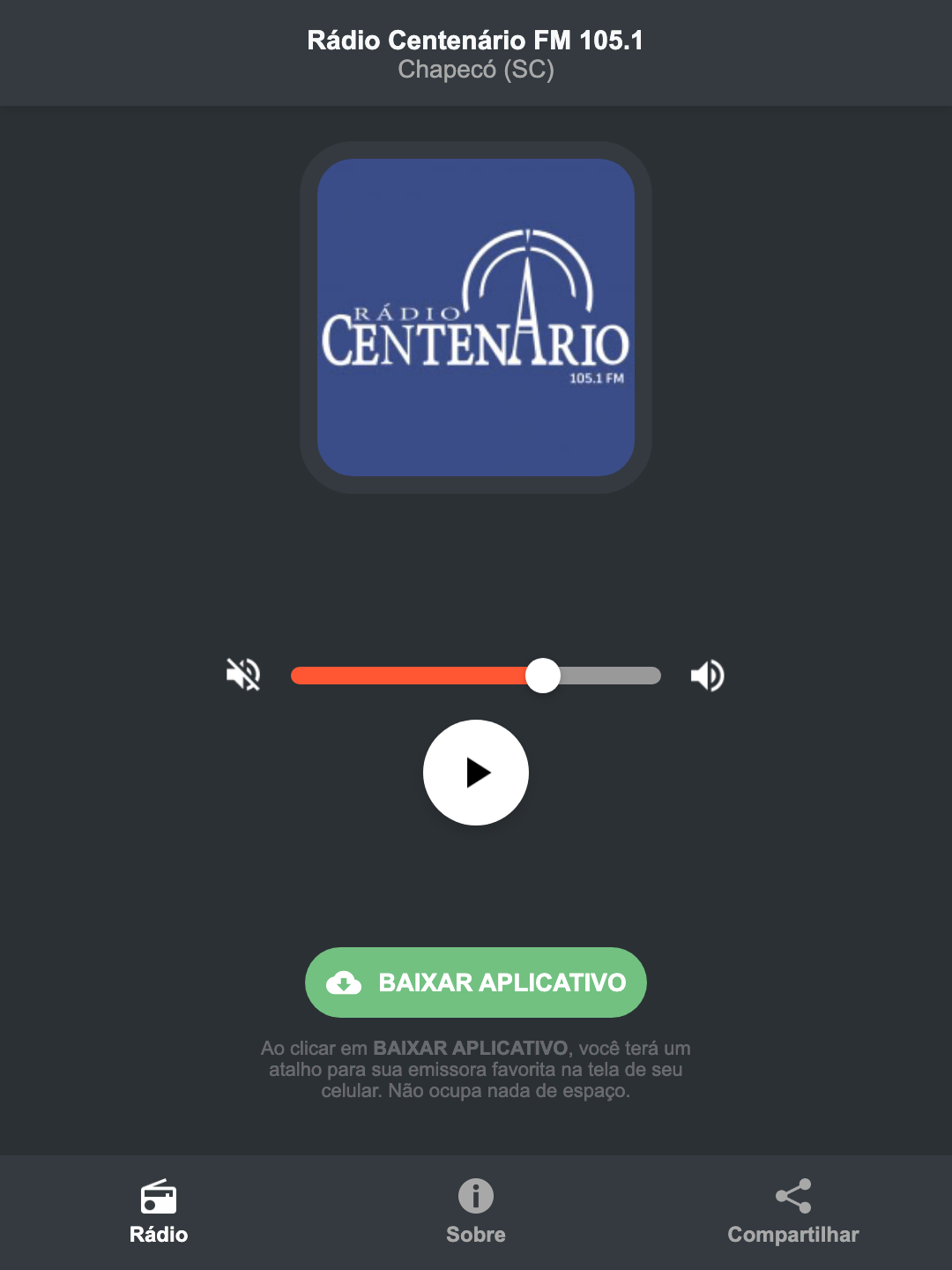 Screenshot do aplicativo da Rádio Centenário FM 105.1