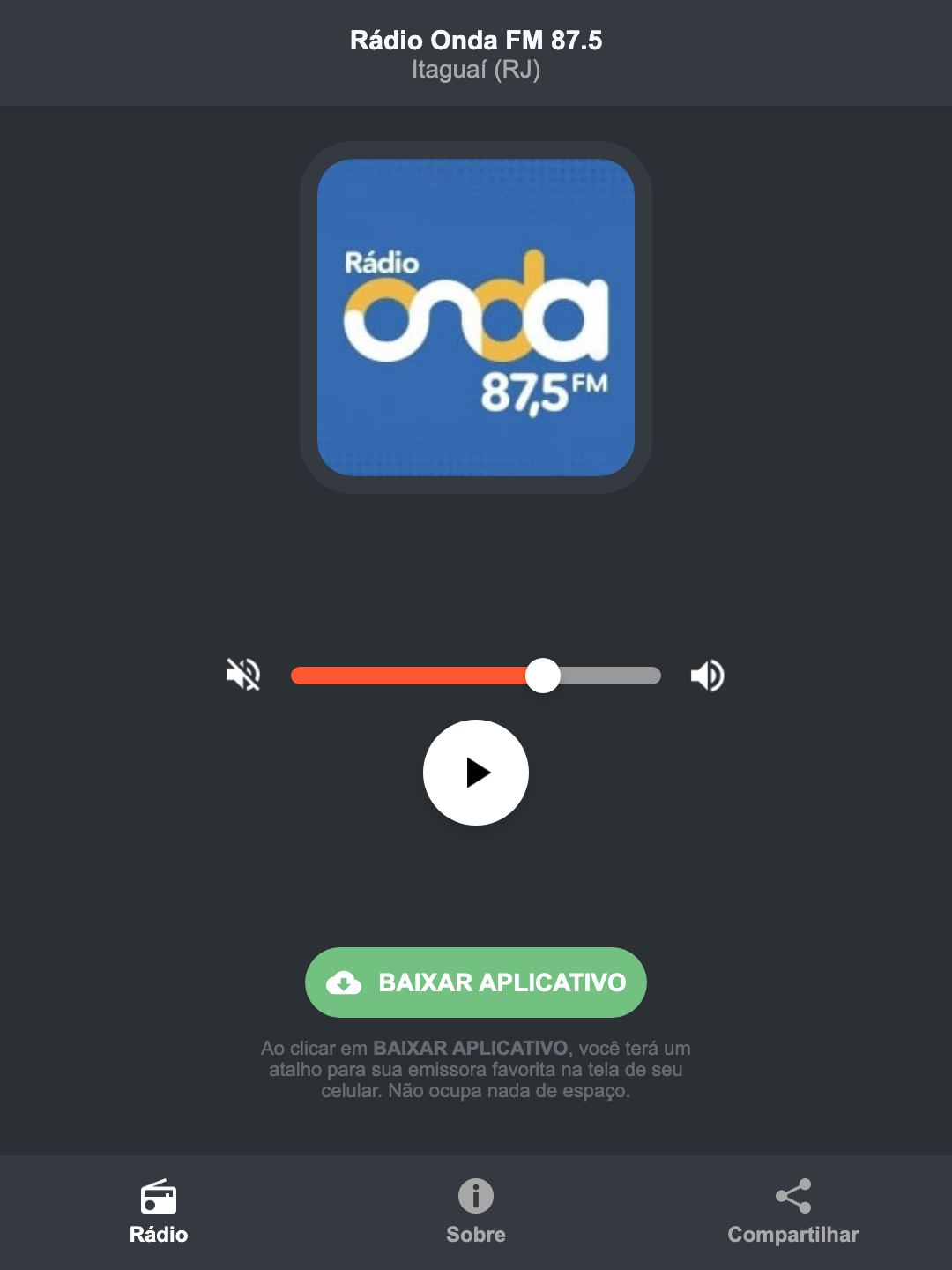 Screenshot do aplicativo da Rádio Onda FM 87.5
