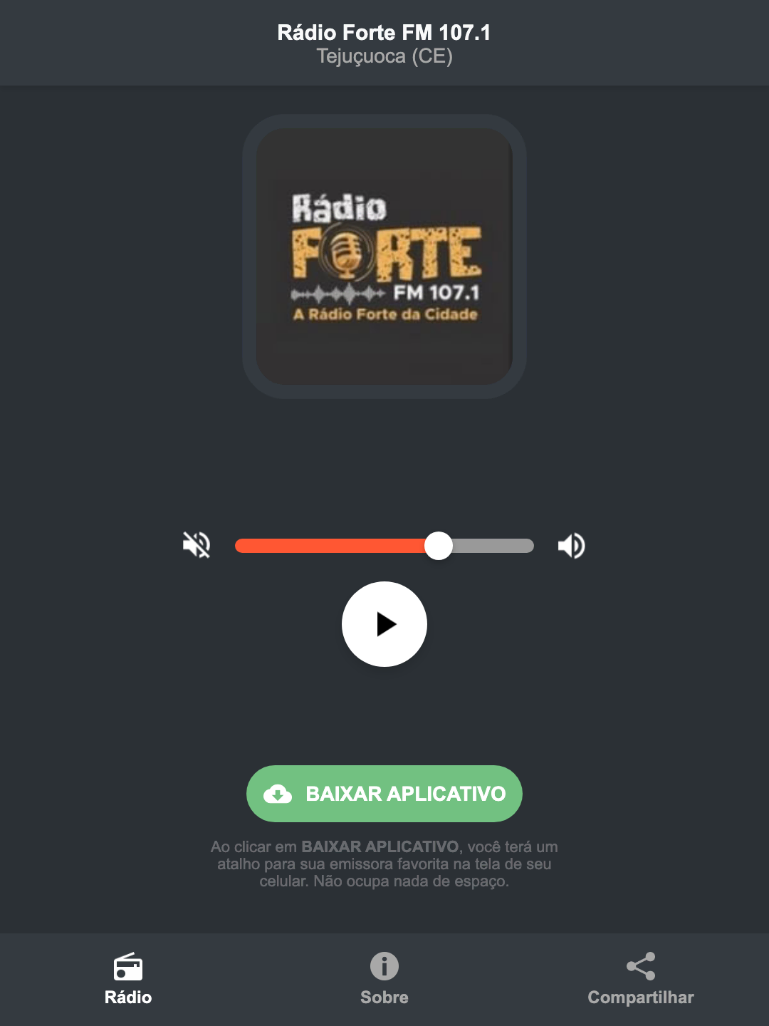 Screenshot do aplicativo da Rádio Forte FM 107.1