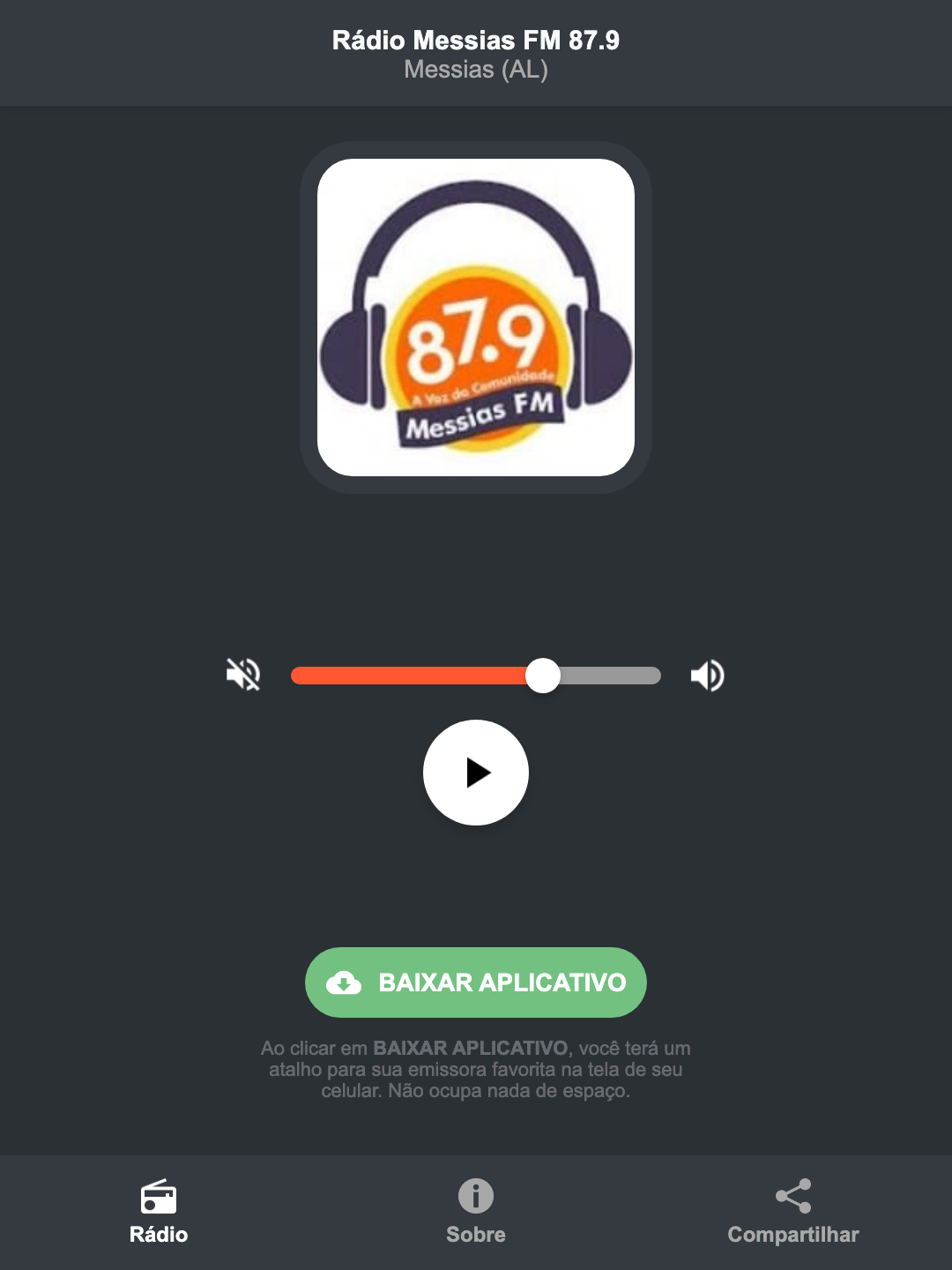 Screenshot do aplicativo da Rádio Messias FM 87.9