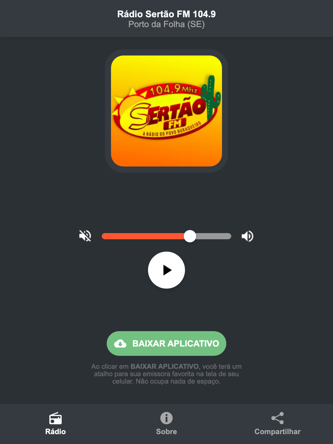 Screenshot do aplicativo da Rádio Sertão FM 104.9