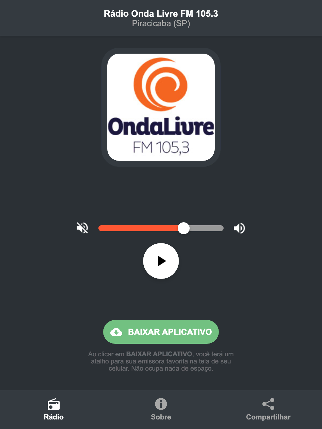 Screenshot do aplicativo da Rádio Onda Livre FM 105.3