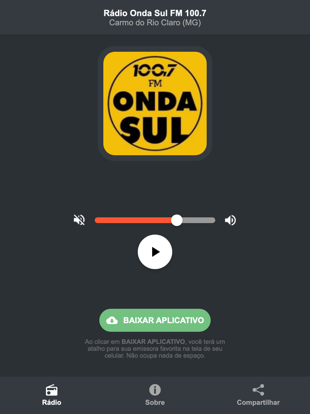 Screenshot do aplicativo da Rádio Onda Sul FM 100.7