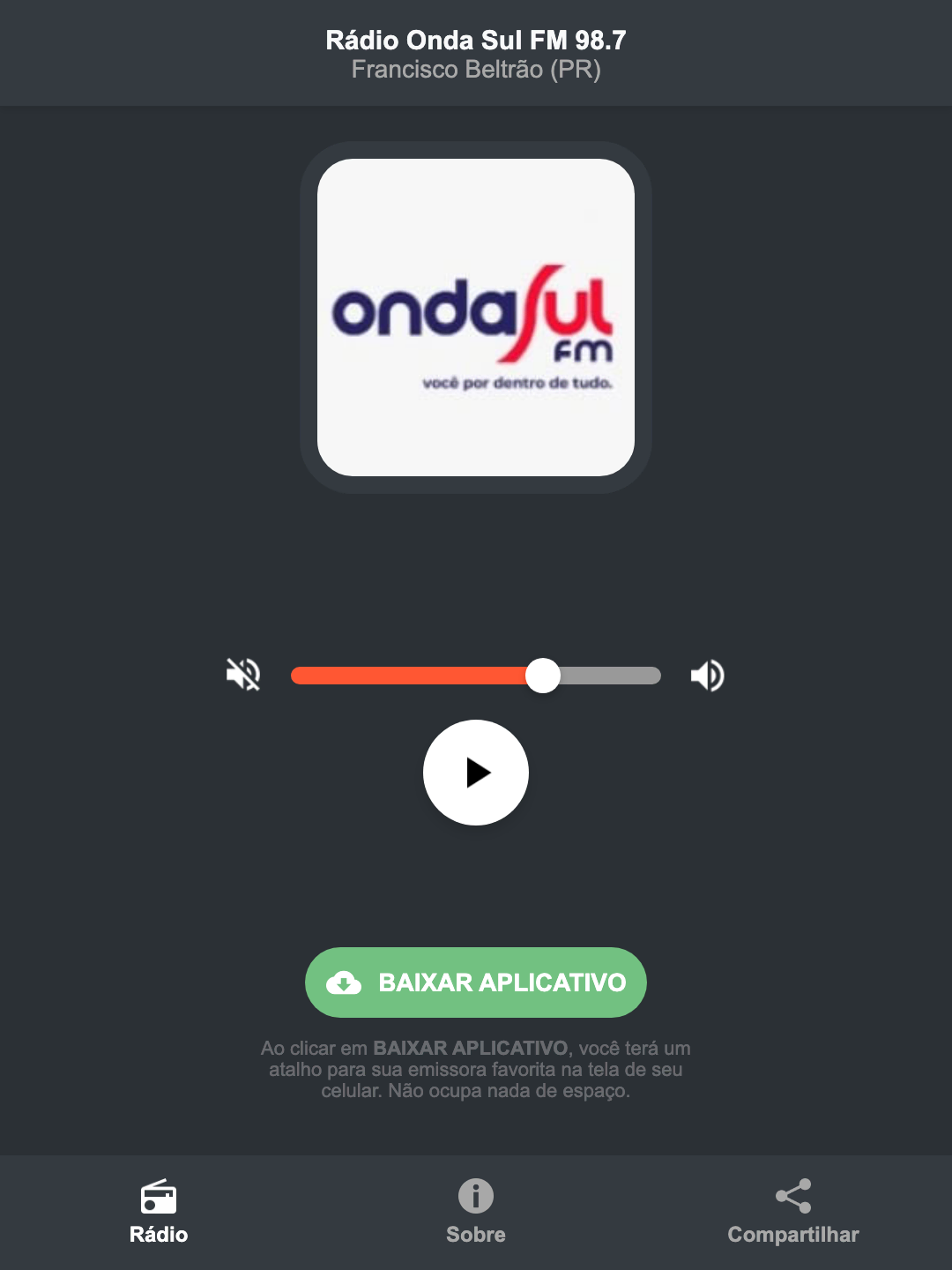 Screenshot do aplicativo da Rádio Onda Sul FM 98.7