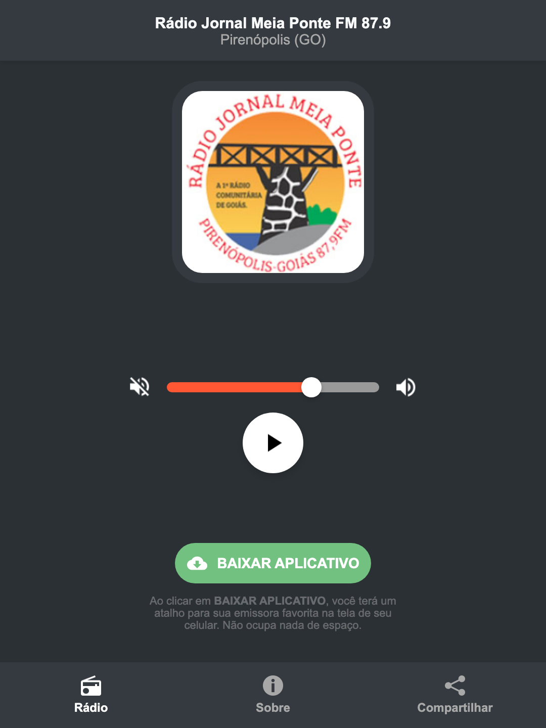 Screenshot do aplicativo da Rádio Jornal Meia Ponte FM 87.9