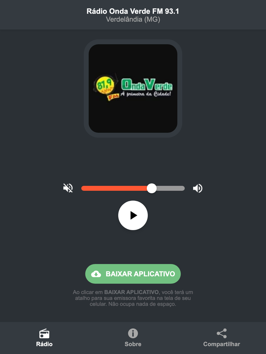 Screenshot do aplicativo da Rádio Onda Verde FM 93.1