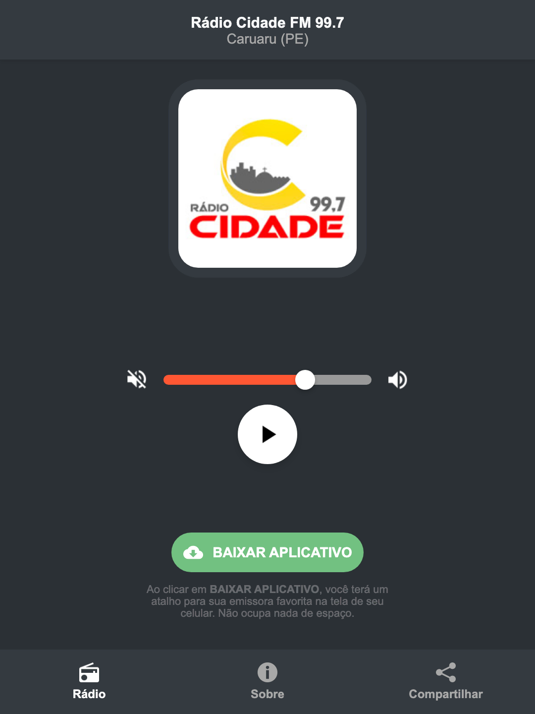 Screenshot do aplicativo da Rádio Cidade FM 99.7