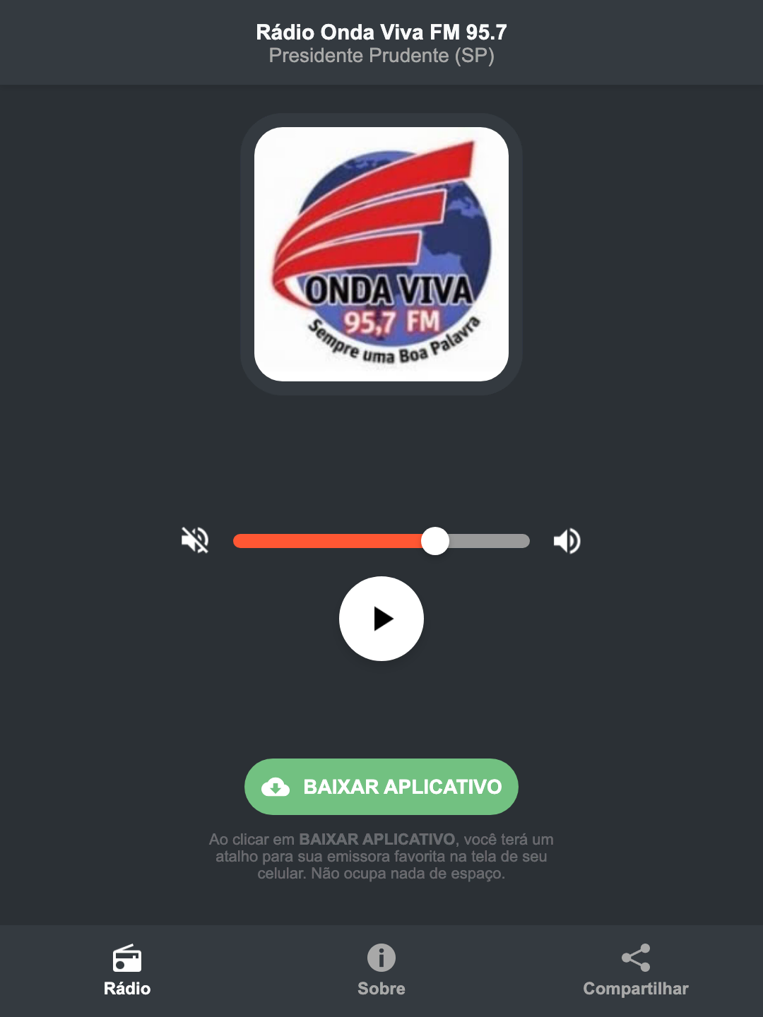Screenshot do aplicativo da Rádio Onda Viva FM 95.7