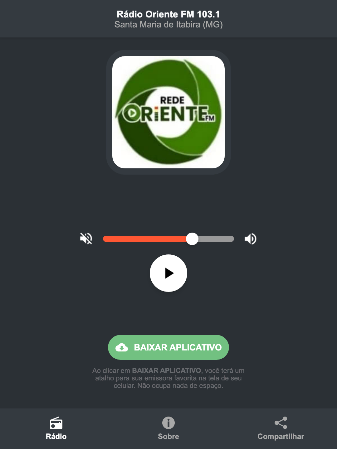 Screenshot do aplicativo da Rádio Oriente FM 103.1