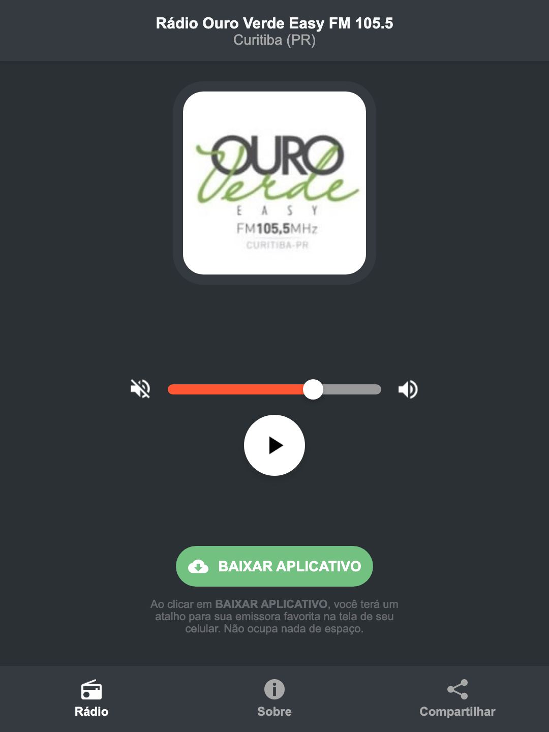 Screenshot do aplicativo da Rádio Ouro Verde Easy FM 105.5