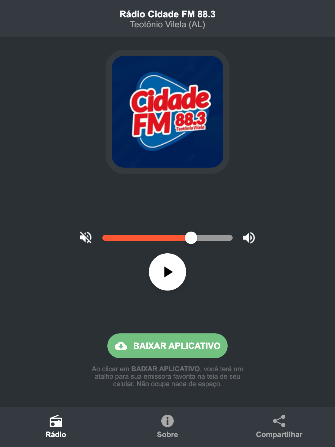 Screenshot do aplicativo da Rádio Cidade FM 88.3