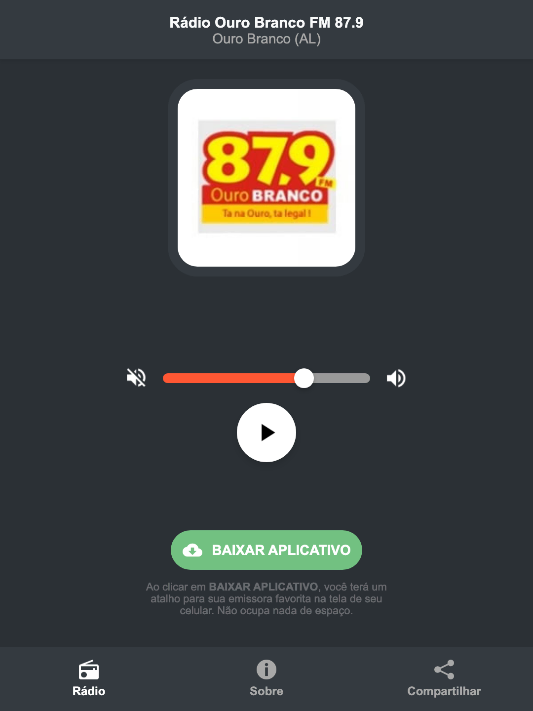 Screenshot do aplicativo da Rádio Ouro Branco FM 87.9