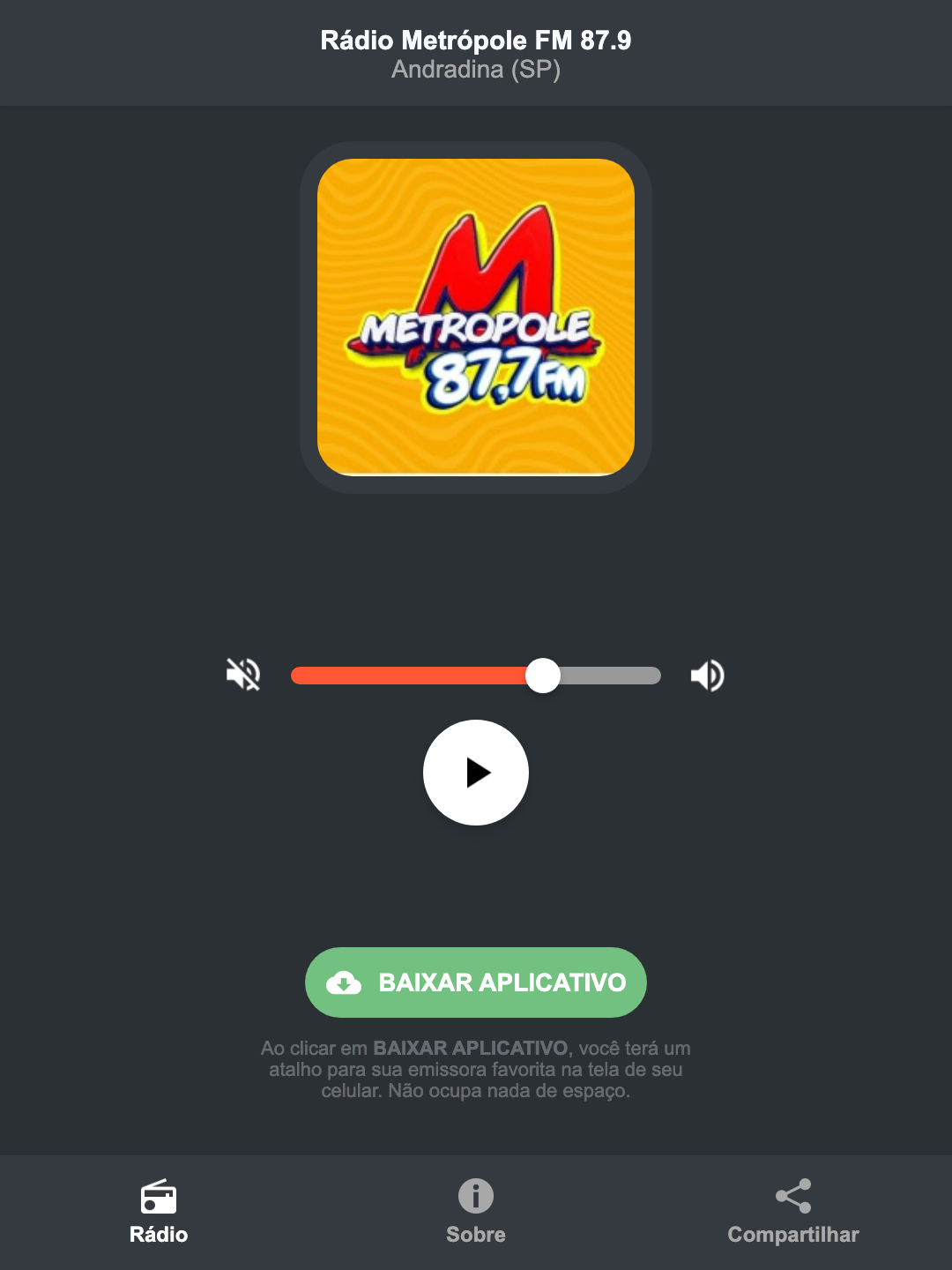 Screenshot do aplicativo da Rádio Metrópole FM 87.9