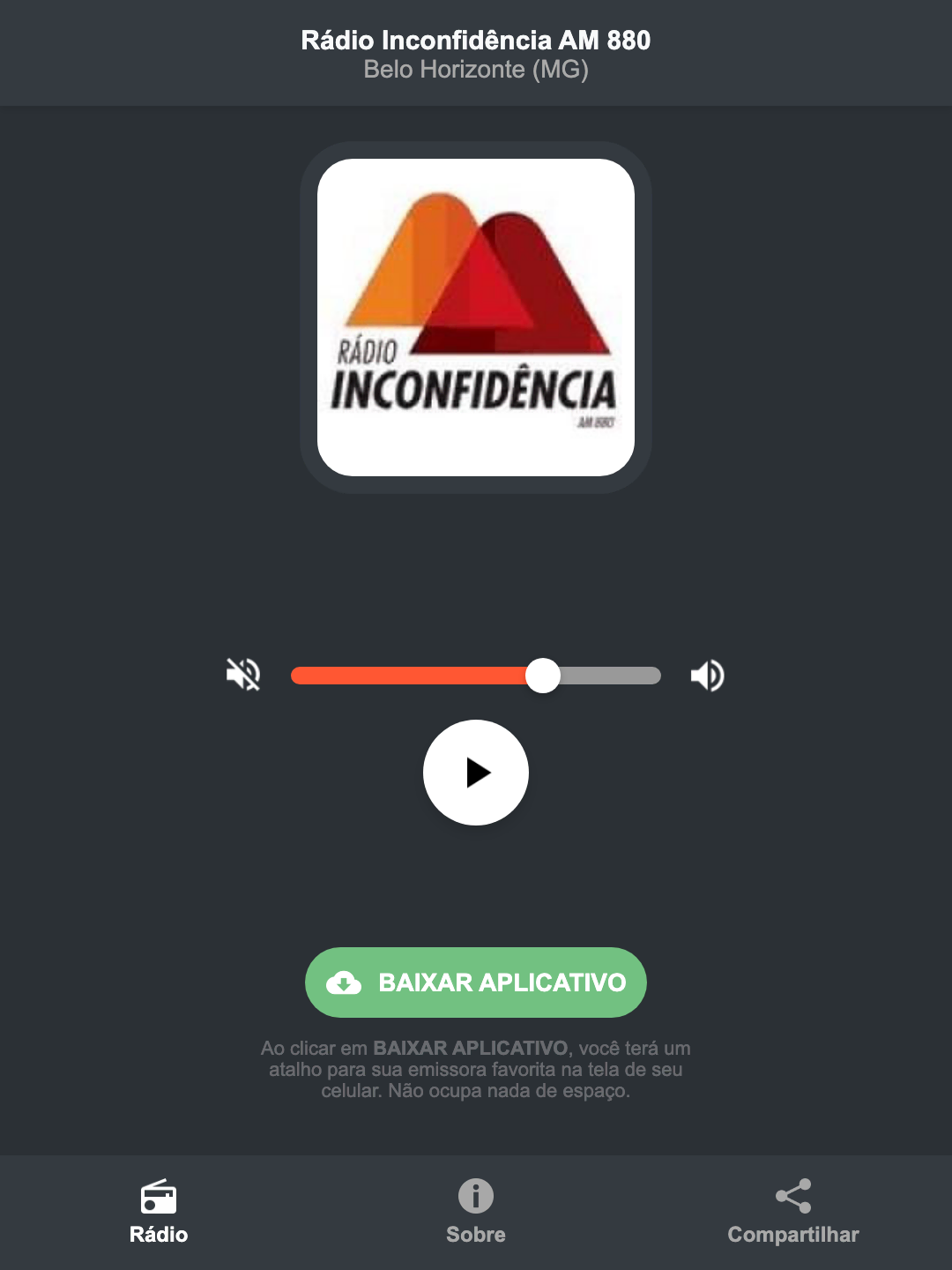 Screenshot do aplicativo da Rádio Inconfidência AM 880