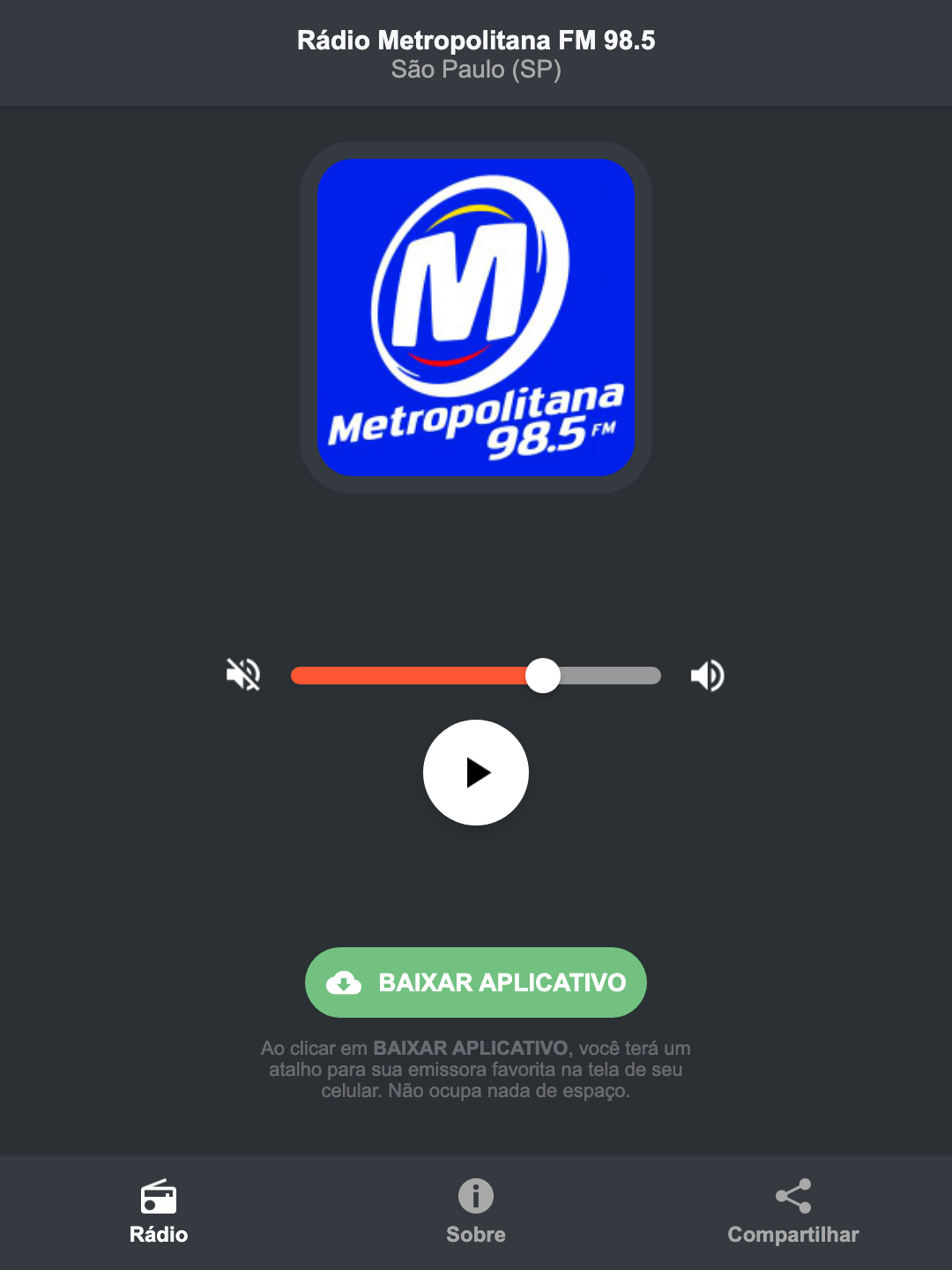 Screenshot do aplicativo da Rádio Metropolitana FM 98.5