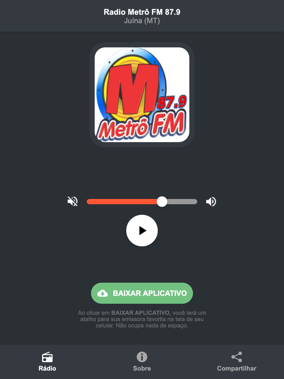 Screenshot do aplicativo da Radio Metrô FM 87.9