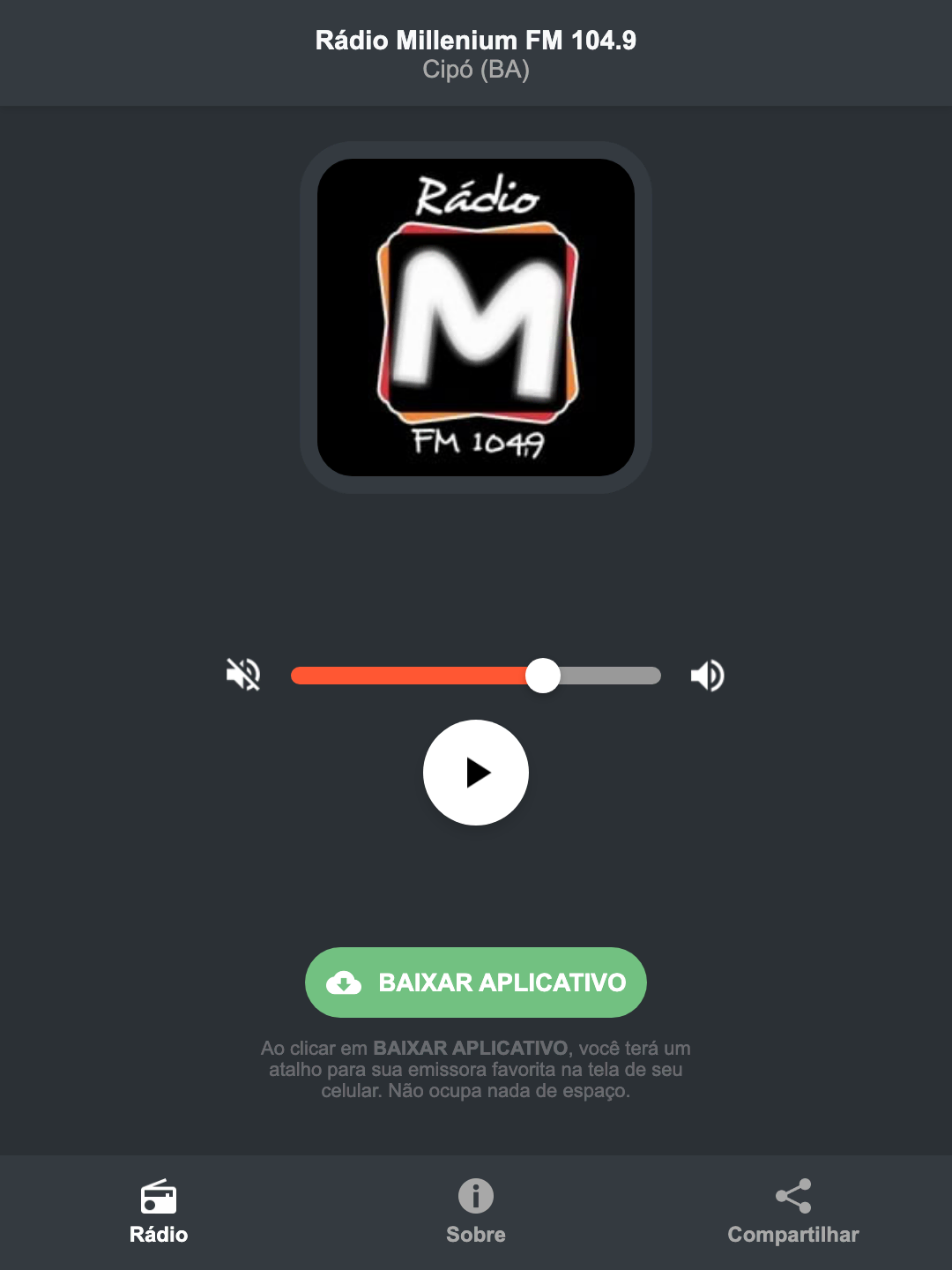 Screenshot do aplicativo da Rádio Millenium FM 104.9