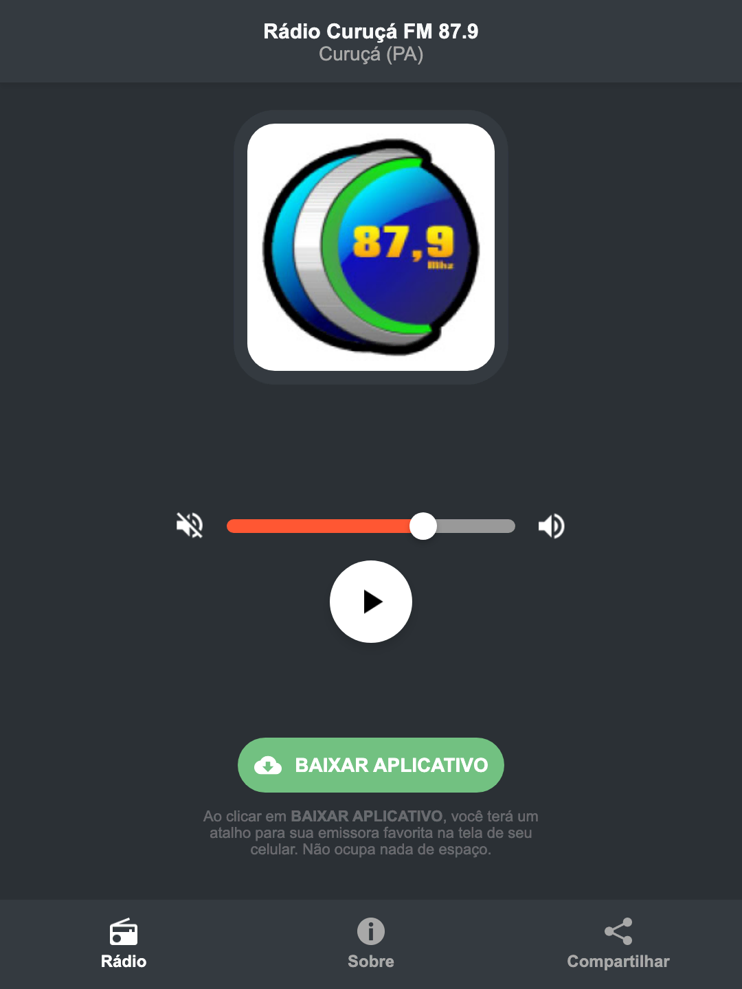 Screenshot do aplicativo da Rádio Curuçá FM 87.9
