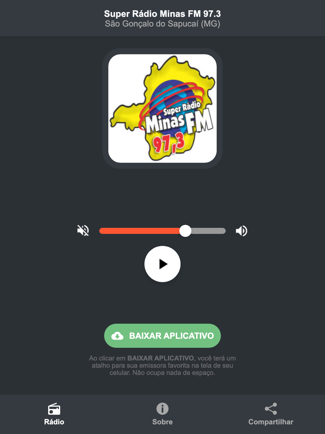 Screenshot do aplicativo da Super Rádio Minas FM 97.3