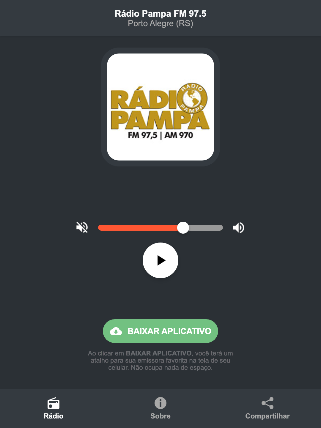 Screenshot do aplicativo da Rádio Pampa FM 97.5