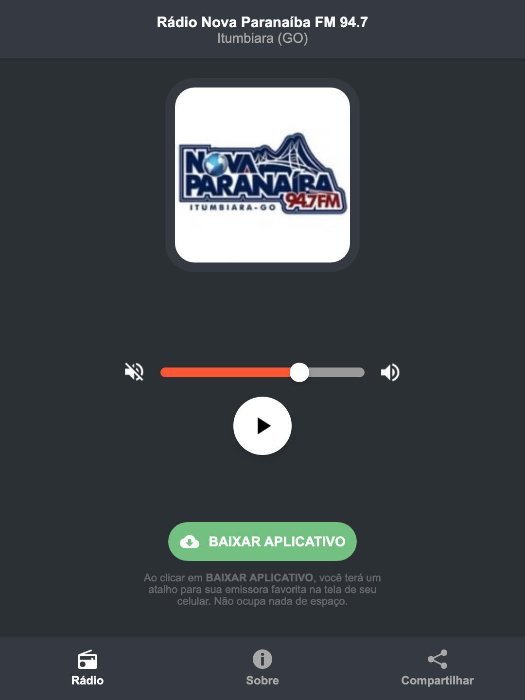 Screenshot do aplicativo da Rádio Nova Paranaíba FM 94.7