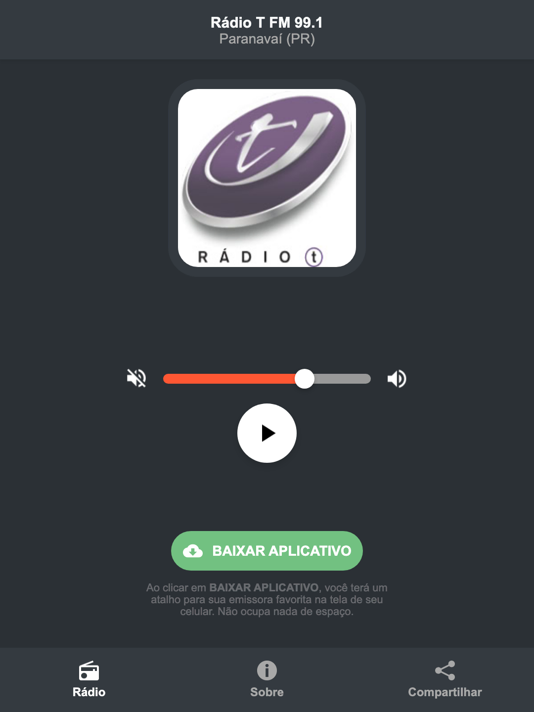Screenshot do aplicativo da Rádio T FM 99.1