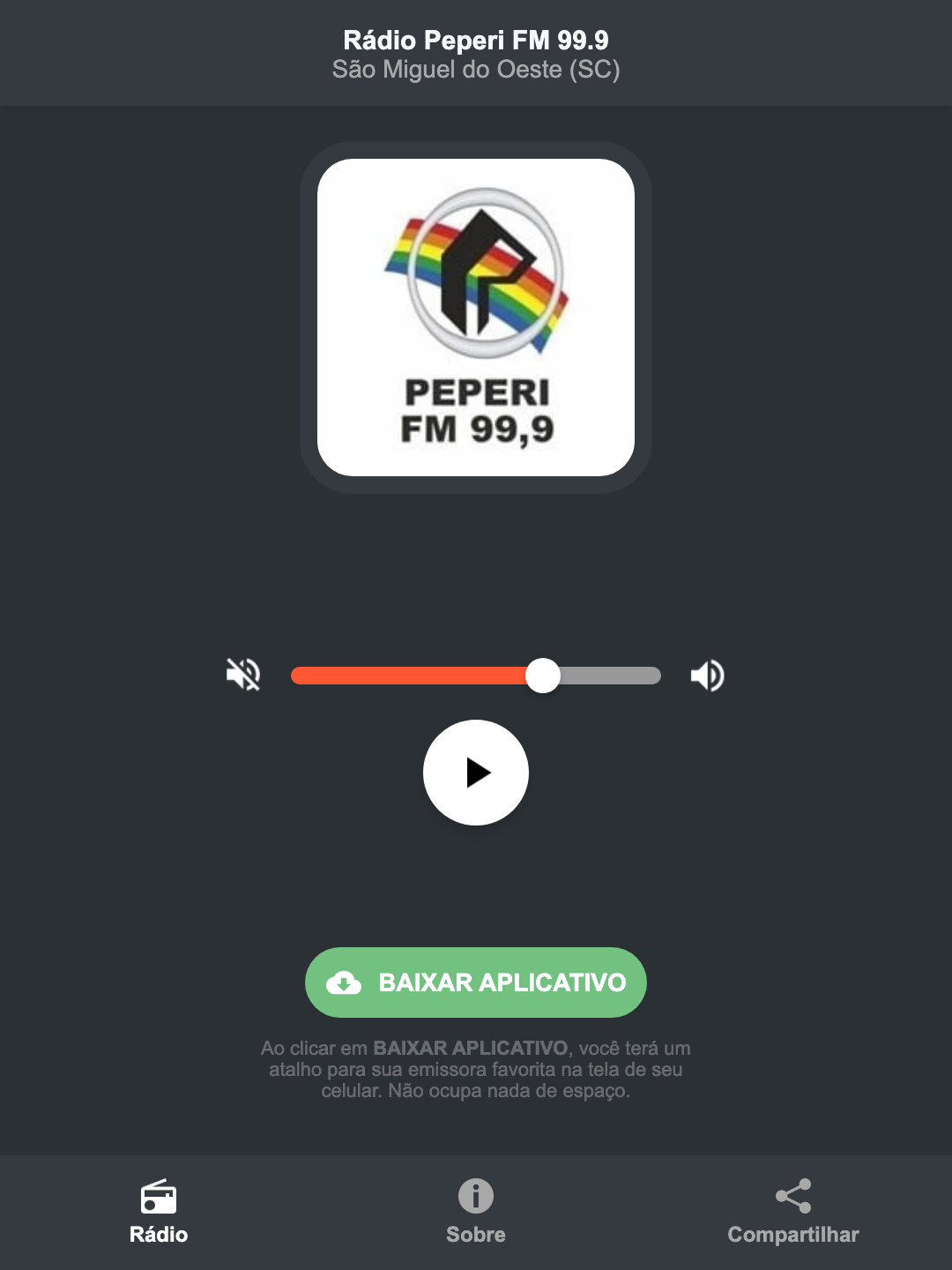 Screenshot do aplicativo da Rádio Peperi FM 99.9