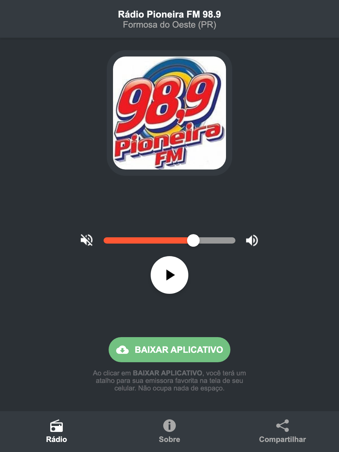 Screenshot do aplicativo da Rádio Pioneira FM 98.9