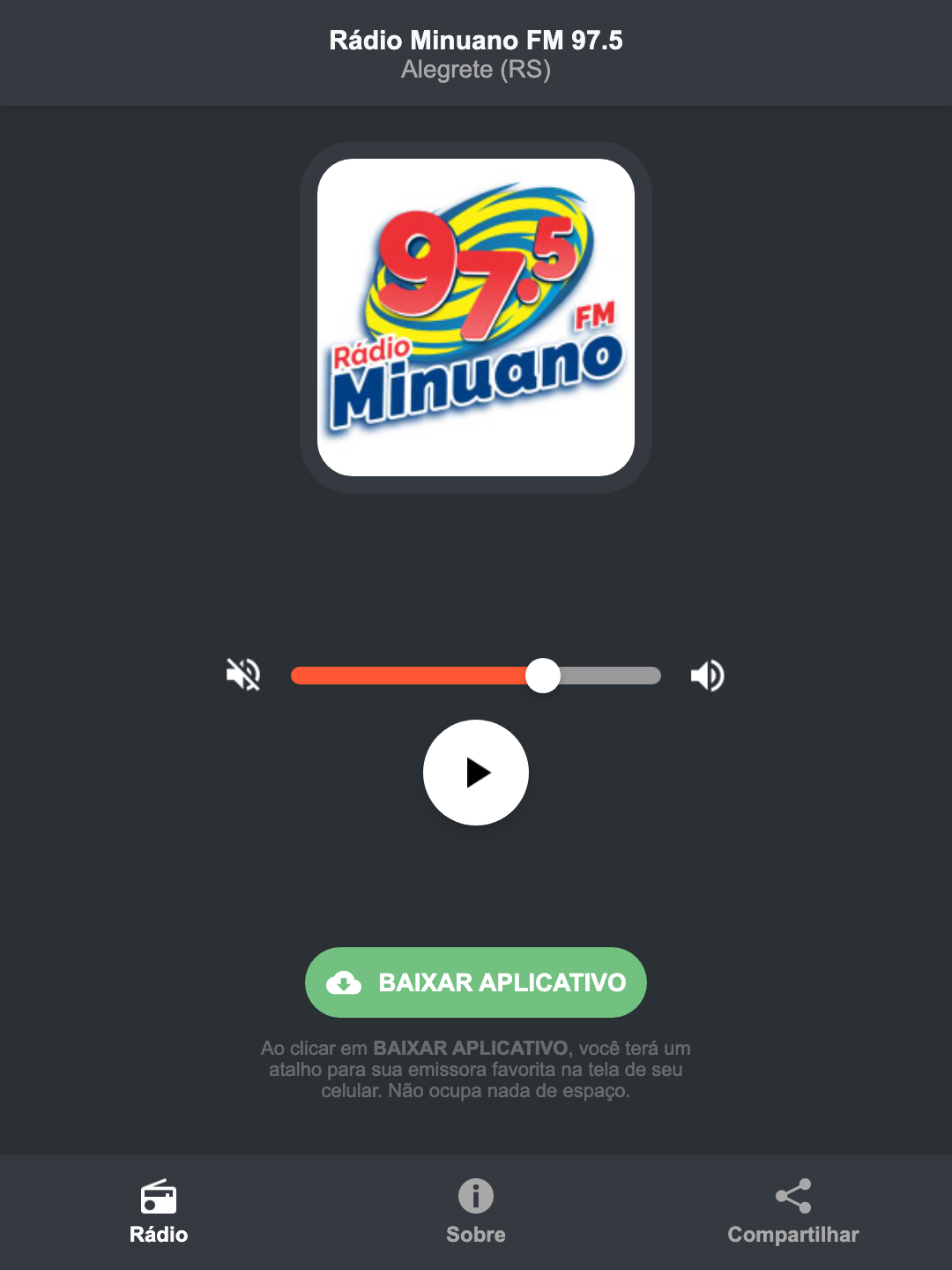 Screenshot do aplicativo da Rádio Minuano FM 97.5