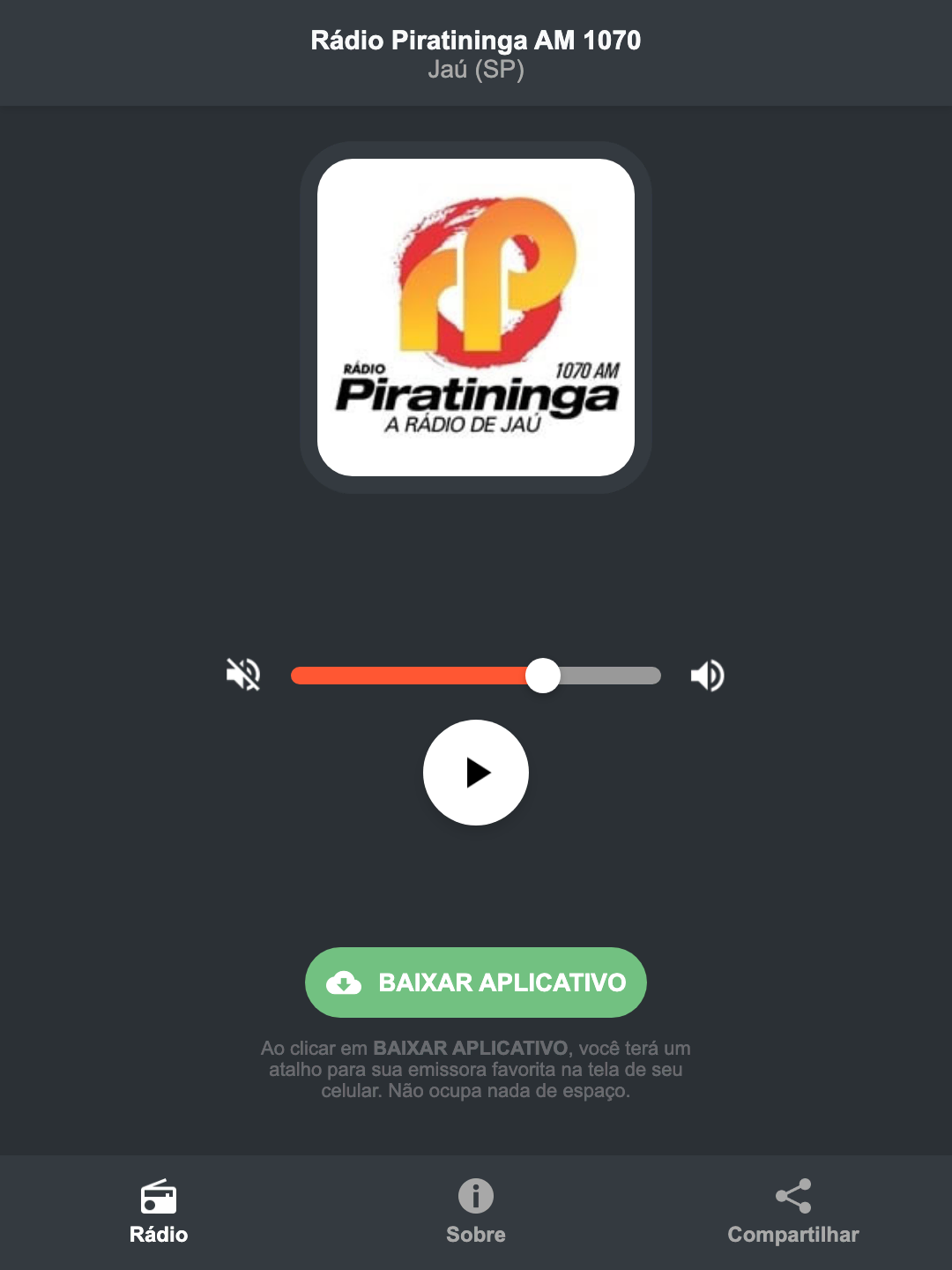 Screenshot do aplicativo da Rádio Piratininga AM 1070
