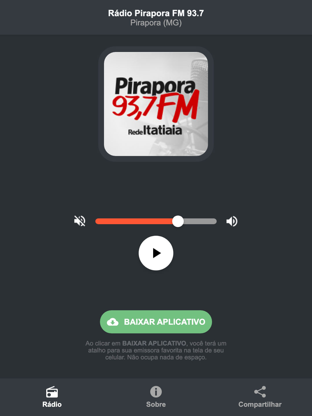 Screenshot do aplicativo da Rádio Pirapora FM 93.7