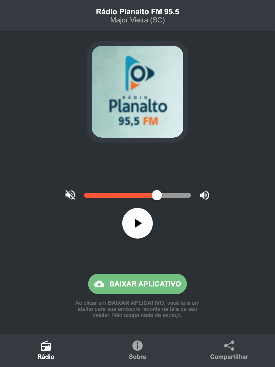 Screenshot do aplicativo da Rádio Planalto FM 95.5